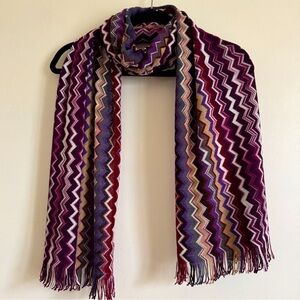 Missoni Zigzag 100% Wool Knit Chevron Fringe Scarf, Plum, Burgundy